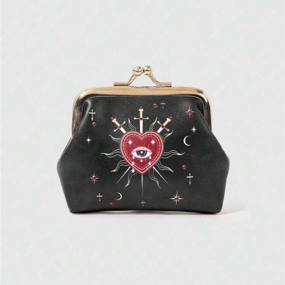 Black Printed Gothic Coin Purse with Hearts & Swords Design